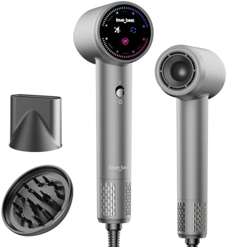 High-Speed Hair Dryer with Diffuser, Stepless Control, Lightweight, Silver by lovebest