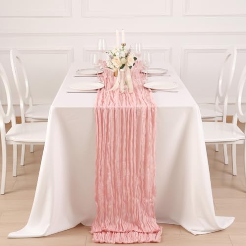 3 Pack Peach Pink Cheesecloth Table Runner 120 Inch Boho Wedding Decor - Image 4