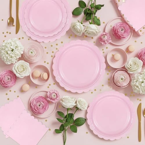 176 PCS Pink Party Decorations - Light Pink Scalloped Plates, Napkins, Cups, Cutlery, Tablecloth for Baby Shower, Wedding, Birthday Party Decorations, Serves 25 - Image 5