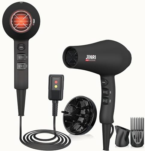 JINRI Hair Dryer, 1875W, 3 Heat & 2 Speed, with Diffuser, with Concentrator, Ionic Technology & Infrared - Black, Detachable Air Intake, Hanging Strap, Non-Foldable, 125V, JINRI-104 - Image 2
