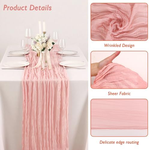 3 Pack Peach Pink Cheesecloth Table Runner 120 Inch Boho Wedding Decor - Image 3