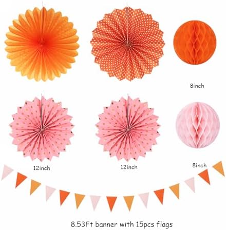 Pink-Orange Groovy Party-Decorations - 20pcs Fall Autumn Thanksgiving Harvest Paper Streamers Lanterns Fans,Tissue Pom Poms,Honeycomb Balls,Bunting,Birthday Baby Bridal Shower Wedding Decor Burgleda - Image 2