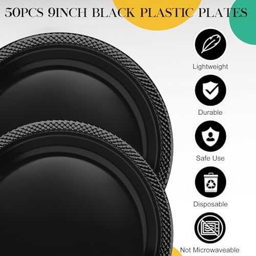 50Pcs Black 9 Inch Disposable Plastic Plates for Party, Black Party Plate Set for 50 Guests, Plastic Party Supplies Dinnerware for Graduation, Retirement, Birthday, BBQ - Image 2