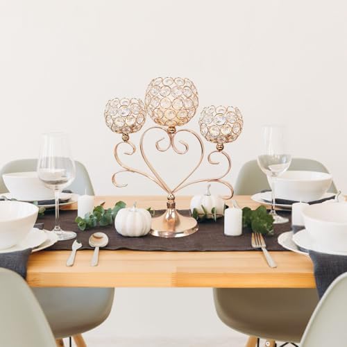 6 Pcs Gold 3-Arm Heart Tea Light Candle Holder - Crystal & Metal Wedding Centerpiece Decor, Sparkling Table Decor for Anniversaries/Romantic Tabletop Home/Dinner Party/Events - Image 4