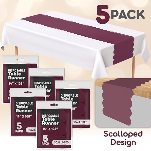 Burgundy Scallop Table Runner, Disposable Plastic, 5 Pack, 14x108in - Image 2