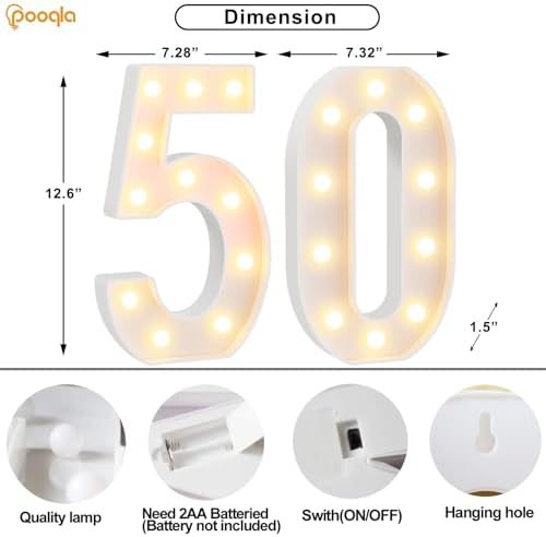 Pooqla 50th Birthday Decorations for Women Men, Large 12.6 in Tall Light Up Numbers for Party Decorations Table Decor, Big Marquee Numbers 50th Birthday Gift for Women Men Wedding Anniversary Decor - Image 4
