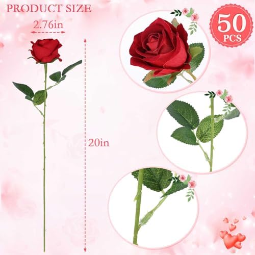 Hananona 50 Pcs Artificial Roses, Realistic Silk Burgundy Flowers Bulk - Image 2