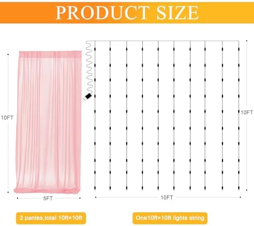 Fomcet Tulle Backdrop Curtains with Lights Peach Sheer Curtain 10x10ft - Image 2