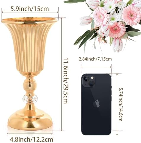 11.6 inches Metal Wedding Flower Trumpet Stripe Vases Table Centerpieces for Artificial Flower Arrangements for Anniversary Celebration/Wedding/Party/Birthday Event Aisle Home Decor (Gold, 6pcs) - Image 2