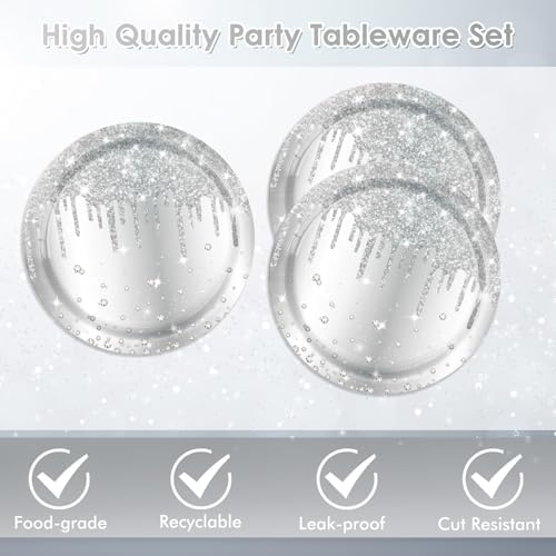 40PCS Silver Birthday Decorations Silver Glitter Happy Birthday Decoration Diamond Plates and Napkins Tablecloth for Men Women Birthday Party Supplies - Image 4