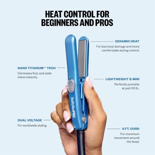 BaBylissPRO Nano Titanium Mini Flat Iron Hair Straightener, 0.5" Hair Straightener Iron for Touch Ups & All Hair Types, Perfect for Travel - Image 5