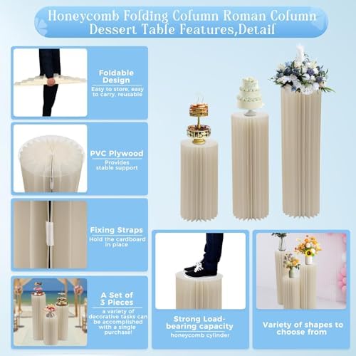 Cylinder Stands for Party,Set of 3, Foldable Cardboard Centerpiece Display,White Cylinder Stands for Party, Reusable Wedding Decorations,Display Pedestals for Parties. 3-Size Set - 110LBS Load-Bearing Folding Hexagon Displays, Wedding or Birthday Event... - Image 4
