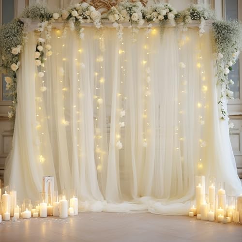 20x10ft Ivory Tulle Backdrop Curtain with Lights String for Parites, Sheer Photo Backdrop Curtains with Lights for Wedding Backdrop Ceremony Reception Bridal Shower Baby Shower Birthday Party - Image 5