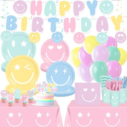 199PCS Smiley Face Birthday Decorations Smile Pastel Themed Preppy Theme Plates and Napkins Set,Balloon, Banner,Tablecloth, Hanging,Cupcake Topper,Smiley Pastel Birthday Party Supplies Serve 24 Guests by Unknown