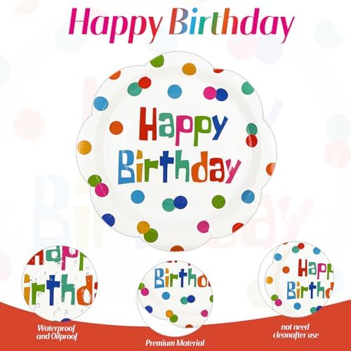 50 PCS Happy Birthday Paper Plates 7inch, Colorful Polka Dot Disposable Scalloped Cake Dessert Plates Party Supplies for Birthday Party Decorations - Image 3