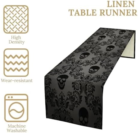 Gothic Black Damask Table Runner, Vintage Floral Exotic Suger Skull Bone Skeleton Bohemian Antique Victorian Baroque Dinner Runner for Farmhouse Party Holiday Home Kitchen Dining Table Decor 13"x36" - Image 4