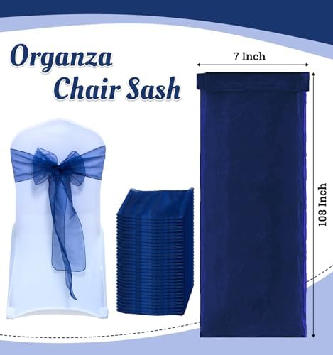 MDS Pack of 125 Organza Chair Sashes for Wedding & Event Décor – Navy Blue - Image 3