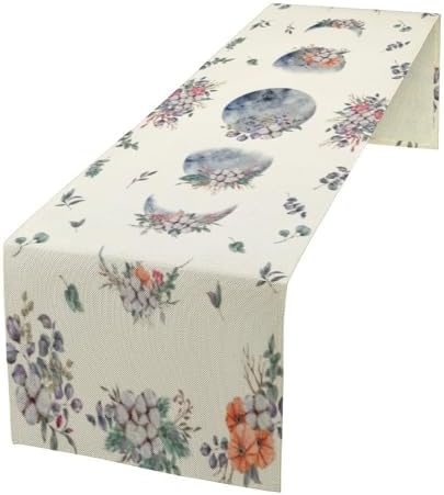 Moon Phase Floral Table Runner Watercolor Vintage Moon Flower Leaves Seasonal Spring Autumn Natural Dinner Runner for Farmhouse Kitchen Dining Table Holiday Party Decoration 13"x60" by SHElifestyle