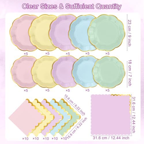 Kochorie 100 Pcs Pastel Scalloped Paper Plates and Napkins - Image 2