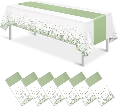 6Pcs White and Sage Green Tablecloth Decorations,Plastic White Table Cloth Printed Green Table Runner Disposable Rectangle Table Cover for Birthday Wedding Anniversary Graduation Party,54 x108 Inch by MASHAN