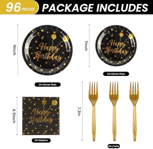 96PCS Happy Birthday Plates and Napkins Party Supplies, Black and Gold Disposable Paper Plates and Napkins with Forks Tableware Set for Birthday Party Decorations 24 Guests (Birthday Black) - Image 2