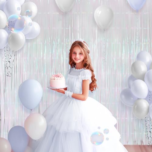 2 Pack White Iridescent Streamers Backdrop, 3.3x6.6ft Foil Fringe Curtains Silver Holographic Door Tinsel Streamers for Birthday, Wedding, Holiday, Bachelorette, Theme Party Decorations - Image 3