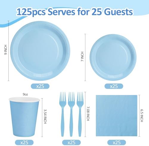 Light Blue Paper Plates and Napkins Party Supplies, Include 9’’Disposable Blue Plate, 7’’Dessert Plates Cups Napkins Forks for Baby Shower, Wedding, Birthday Decorations, Serves 25 - Image 2