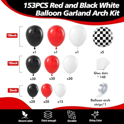 153Pcs Race Car Balloon Garland Arch Kit - Red and Black White Checkered Balloon Arch Kit 18 10 5 Inch Different Size Balloons for Racing Car Two Fast 2nd Theme Birthday Party Decorations - Image 2