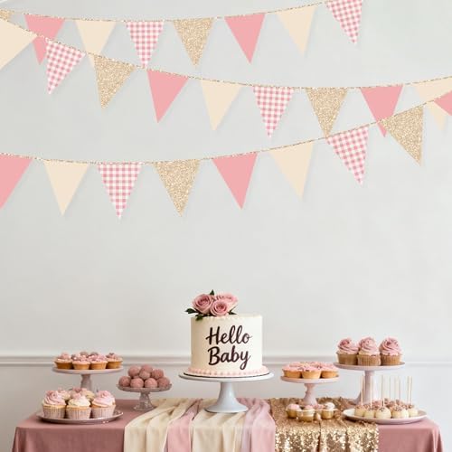 Dusty Rose Pink Buffalo Plaid Champagne Gold Party Decorations Pennant Banner Flag Hanging Glitter Paper Triangle Bunting for Women Girls Birthday Wedding Bridal Shower Hen Party Supplies - Image 7