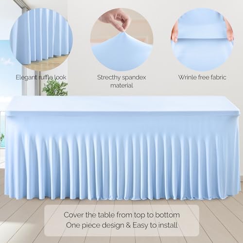 Wish Care 6 Pack Baby Blue Stretch Spandex Table Clothes for 4 Foot Rectangle Tables, 4FT Wrinkle Free Fitted Tablecloths Ruffles Design Table Cover for Party, Banquet, Wedding and Events - Image 5