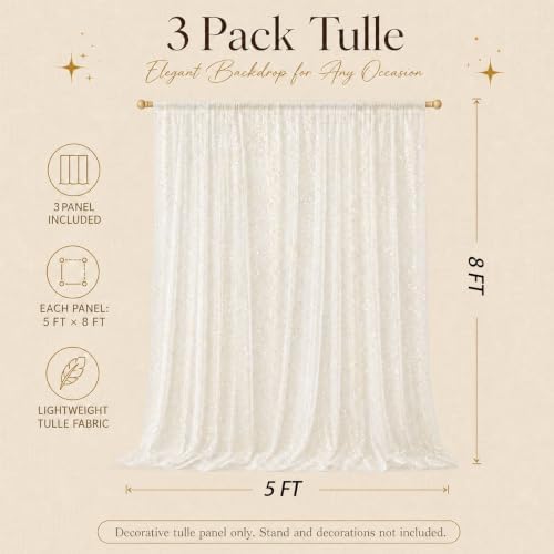 Bupelo White Tulle Backdrop Curtains with Gold Foil 15x8ft Sheer Curtain - Image 3