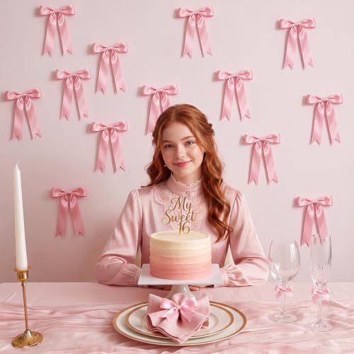 2 Pcs Pink Bow Garland Banner, Pre-Strung Pink Satin Ribbon Bow Garland - Image 6
