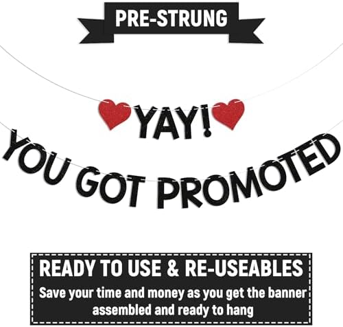 Yay! You Got Promoted Banner - Congrats on Your Promotion Decor, Congratulations, Job Promotion Party Decorations Black Glitter - Image 3