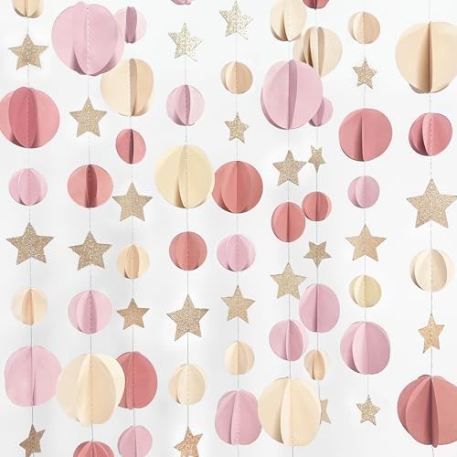 Champagne Gold Dusty Rose Pink Beige 3D Polka Dot Star Hanging Streamer Circle Dot Star Garland Banner for Birthday Bridal Shower Engagement Wedding Hen Party Decorations Supplies by pinkblume
