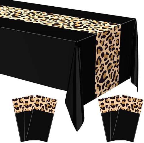 Buryeah 6 Pcs 54 x 108'' Plastic Disposable Leopard Tablecloth, Black by Buryeah
