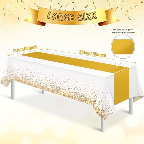 6Pcs White and Gold Tablecloth Party Decorations,Plastic White Table Cloth Printed Gold Table Runner Disposable Rectangle Table Cover for Birthday Wedding Anniversary Graduation Party,54 x108 Inch - Image 2