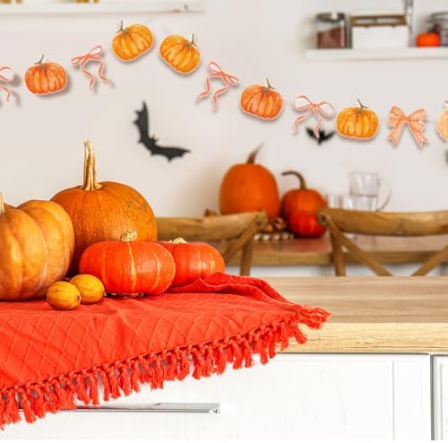 Oudain 2 Pack Pumpkin Banner 6.56 Ft, Orange Paper Bow Fall Thanksgiving - Image 4
