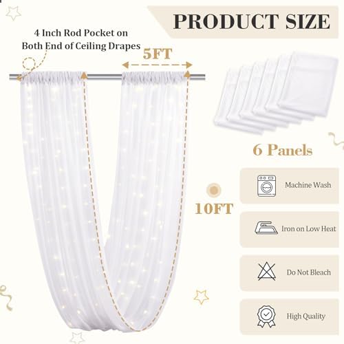 6 Panels White Ceiling Curtains with Lights for Weddings - 5ftx10ft Wrinkle-Free Tulle Fabric Wedding Arch Draping Ceiling Drapes Decorations for Wedding Party Ceremony Stage Tent Event - Image 2