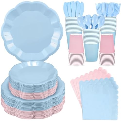 350 Pcs Baby Gender Reveal Party Supplies Include Blue and Pink Tableware by NatNarr