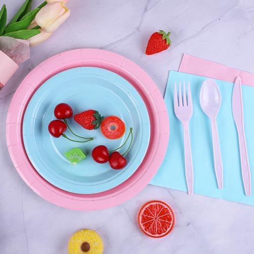 durony 350 Pieces Baby Gender Reveal Party Supplies Light Pink Light Blue Paper Plates Serve 50 Guests Boy or Girl Gender Reveal Plates Napkins Paper Cup Cutlery for 1st Birthday and Baby Shower Decor - Image 6