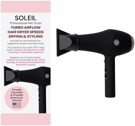 L’Ange Hair Soleil Professional Hair Dryer | Fast Drying Ionic Blow Dryer for Frizz-Free Results | 3 Heat Settings with Cool Shot Feature | Lightweight Hairdryer with Concentrator 1875W | Black by LANGEHAIR