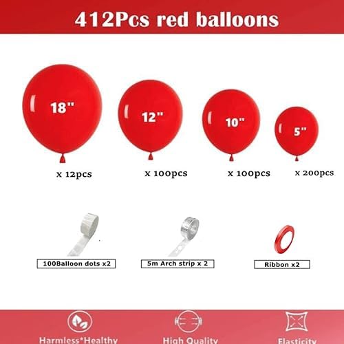 412pcs Red Balloons 18 12 10 5 Inch Red Balloon Garland Arch Kit Different Sizes Matte Latex Balloons for Baby Shower Birthday Wedding Party Decorations - Image 2