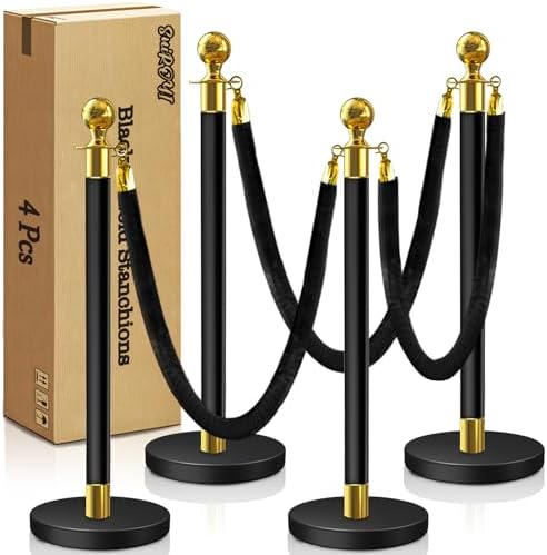 4 Pcs Black & Gold Stanchions with Velvet Ropes with 3 Pcs 5 Ft Black Velvet Ropes Carpet Ropes Posts Stanchion Set for Crowd Control Barriers for Weddings, Events, Hotels, and Party Decor by SuiROYI