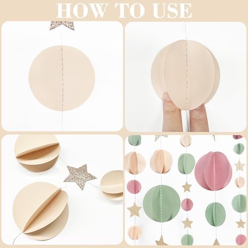 Champagne Gold Sage Green Dusty Rose Pink Beige 3D Polka Dot Star Hanging Streamer Circle Dot Star Banner Garland for Girl Wild Safari Jungle Woodland Birthday Party Decorations Supplies - Image 3