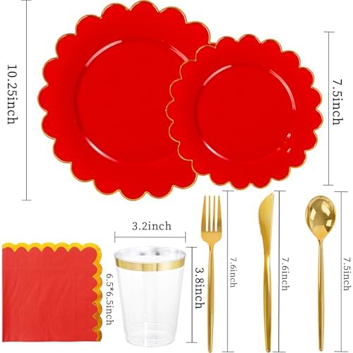 LIYH 210 Pcs Red Gold Scalloped Plastic Plates, Red Plates for Party - Image 3