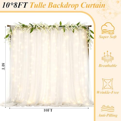 Ledido 10×8ft White Tulle Backdrop Curtains with Lights(2 Panels 5×8ft) - Image 2