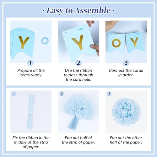 Vicduotex Blue Baby Shower Decorations with Grey Paper Pom Poms - Image 3