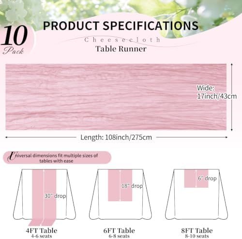 10 Pack Light Pink Cheesecloth Table Runner, 17x108 Inch Semi Sheer Boho Gauze Cheese Cloth Fabric Table Runners for Wedding Party Baby Shower Birthday Garden Farmhouse Table Decor - Image 2