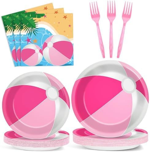 96 Pcs Pink Beach Ball Party Supplies Tableware Summer Pool Ball Party Paper Plates and Napkins Set Beach Birthday Party Favors Decorations for Kids Baby Shower Birthday Party Decor Serves 24 by Wiooffen