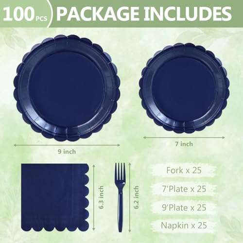 100 Navy Blue Paper Plates and Napkins Disposable for Party, 25-9"&25-7" - Image 2